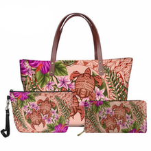 Load image into Gallery viewer, Polynesian Samoan Hawaiian Flower Tribe Sea Turtle Print Set Handbag with Purse