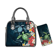Load image into Gallery viewer, PU Leather Handbag Purse Set Hawaiian Hibiscus Sea Turtle Print