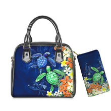 Load image into Gallery viewer, PU Leather Handbag Purse Set Hawaiian Hibiscus Sea Turtle Print