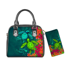 Load image into Gallery viewer, PU Leather Handbag Purse Set Hawaiian Hibiscus Sea Turtle Print