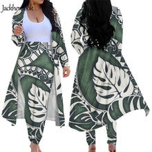 Load image into Gallery viewer, Blue Monstera Tribal Hawaiian Print Open Front Loose Cardigans and Skinny High Waist Pants Set