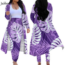 Load image into Gallery viewer, Blue Monstera Tribal Hawaiian Print Open Front Loose Cardigans and Skinny High Waist Pants Set