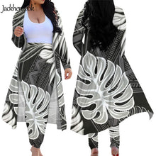 Load image into Gallery viewer, Blue Monstera Tribal Hawaiian Print Open Front Loose Cardigans and Skinny High Waist Pants Set