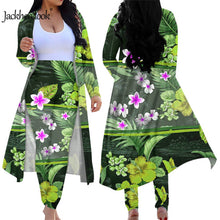 Load image into Gallery viewer, Hawaiian Hibiscus Plumeria Print Elegant 2 Piece Outfit Long Sleeve Open Front Cardigan and Tight Skinny Pants