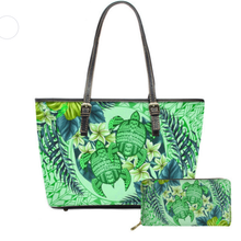 Load image into Gallery viewer, Honu &amp; Plumeria Leather Tote &amp; Long Wallet

