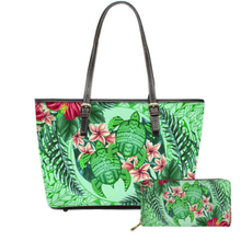 Load image into Gallery viewer, Honu &amp; Plumeria Leather Tote &amp; Long Wallet
