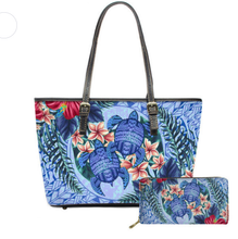 Load image into Gallery viewer, Honu &amp; Plumeria Leather Tote &amp; Long Wallet
