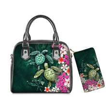 Load image into Gallery viewer, PU Leather Handbag Purse Set Hawaiian Hibiscus Sea Turtle Print
