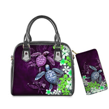 Load image into Gallery viewer, PU Leather Handbag Purse Set Hawaiian Hibiscus Sea Turtle Print
