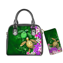 Load image into Gallery viewer, PU Leather Handbag Purse Set Hawaiian Hibiscus Sea Turtle Print

