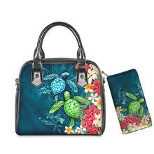 Load image into Gallery viewer, PU Leather Handbag Purse Set Hawaiian Hibiscus Sea Turtle Print
