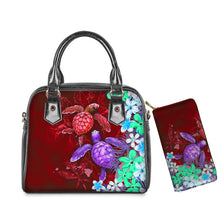 Load image into Gallery viewer, PU Leather Handbag Purse Set Hawaiian Hibiscus Sea Turtle Print
