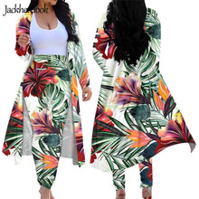Load image into Gallery viewer, Tropical Jungle Palm Leaves Print Women's 2 Piece Outfits Open Front Cardigan and High Waist Pants Sets
