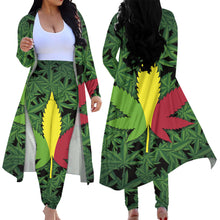 Load image into Gallery viewer, Green Tropical Weeds Pattern Women's 2 Piece Outfits Open Front Cardigan and High Waist Pants Set
