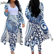 Load image into Gallery viewer, Blue Monstera Tribal Hawaiian Print Open Front Loose Cardigans and Skinny High Waist Pants Set
